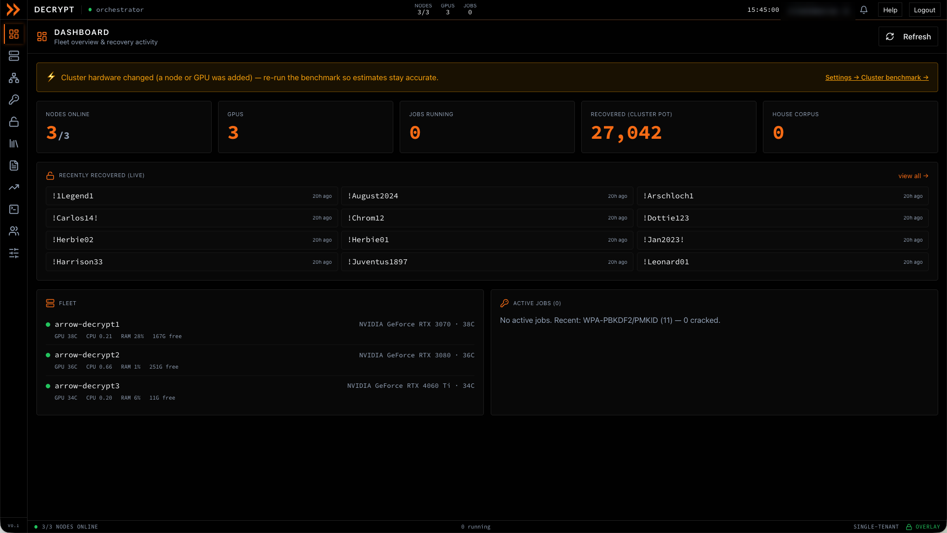 ARROW Decrypt Dashboard showing node and GPU status, jobs, and live recovery across the cluster